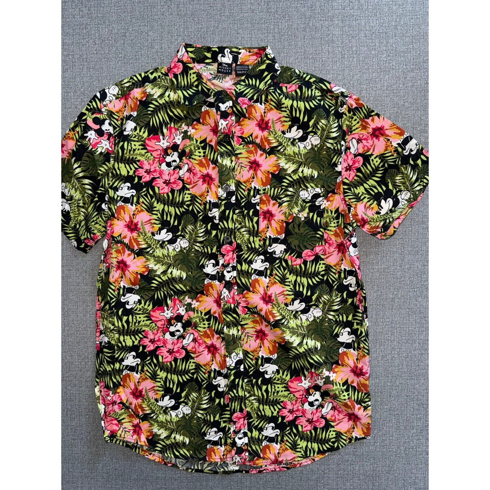 Disney Mickey Mouse Mens Tropical Floral‎ Button Down Shirt S Small  Cotton